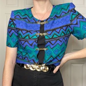 VTG 90s SL Fashions Blue Green Blouse w/ shoulder pads Women's size 6P